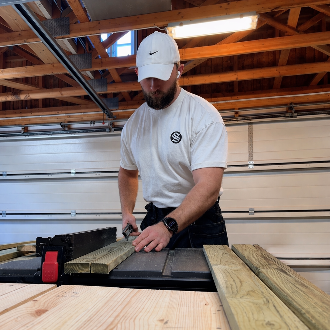 Man using a table saw in a workshop setting