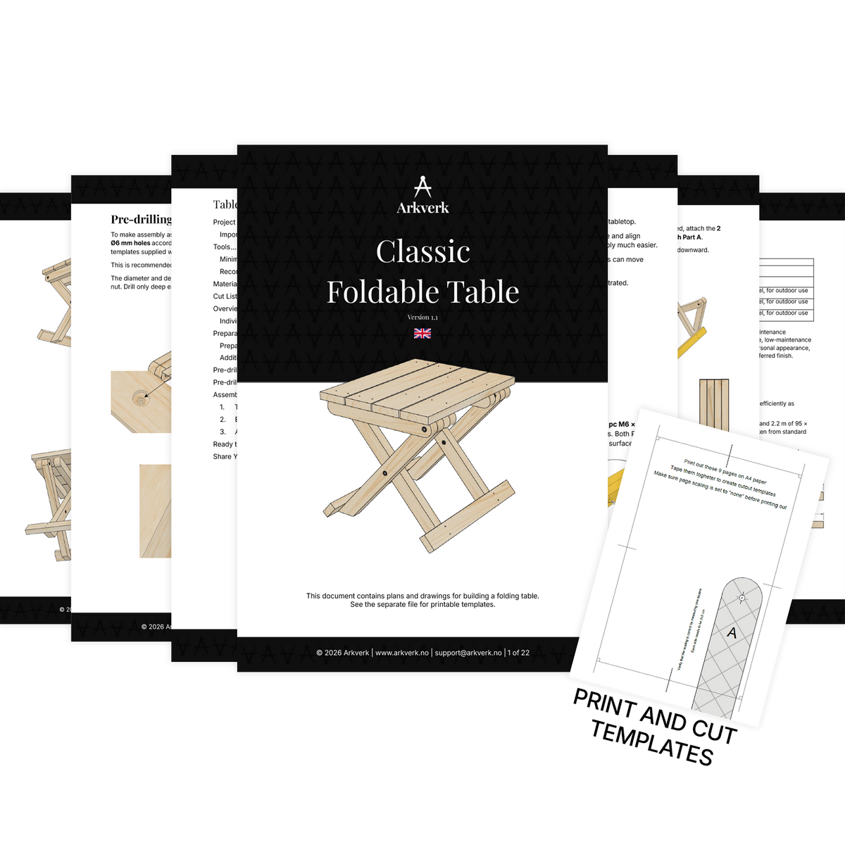 Oversikt over byggetegningene og malene for Classic Foldable Table
